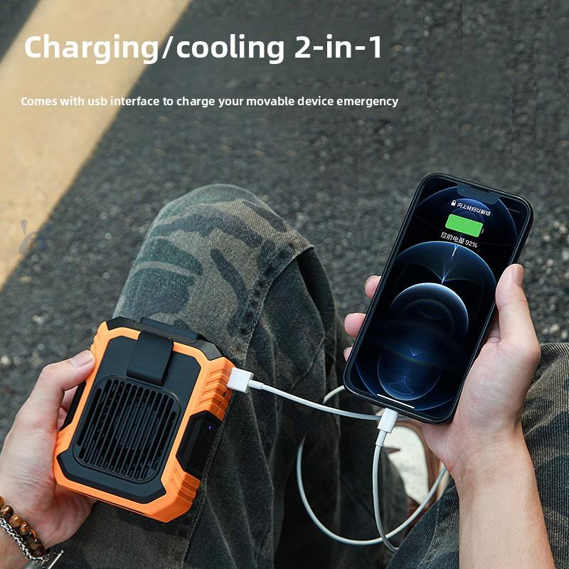 1PCS Summer Outdoor Portable Waist-Hanging Fan with LED Light Cooling Function, USB Rechargeable Plastic Fan for Sports Camping
