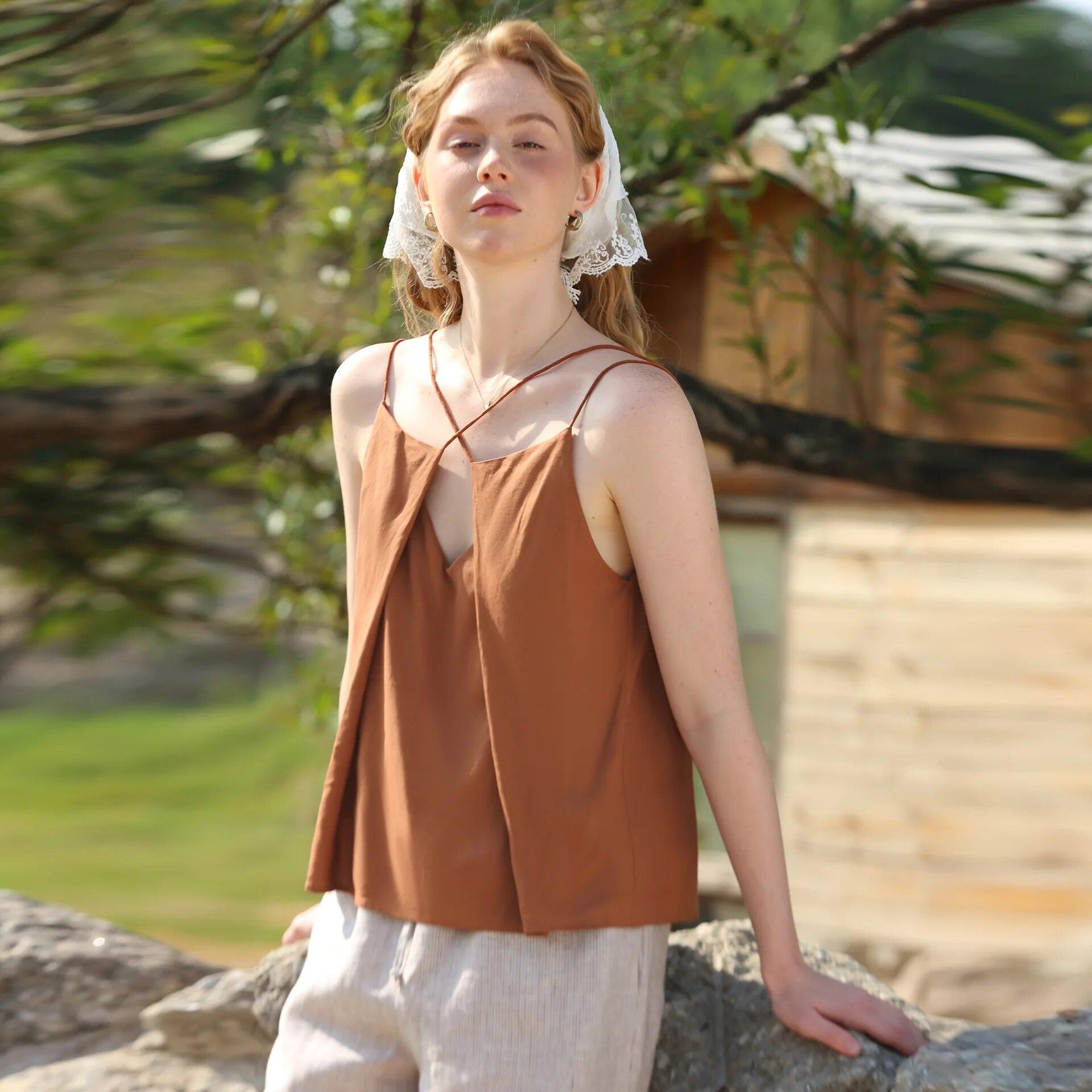 

Женский свободный жилет без рукавов с двойным ремешком Johnature на французских подтяжках для лета и пляжа, отдыха на пляже L кофейный