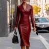 2026 European Fashion Long Sleeve V-neck Slim Fit Leather Bodycon Dress