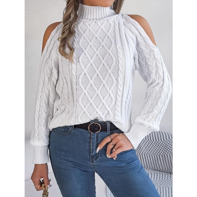 Women's Off-Shoulder High Neck Cable- Sweater - Soft Stretchy Long Sleeve Pullover, Solid Color Casual Chic Fall Winter Top, Highneck Pullover