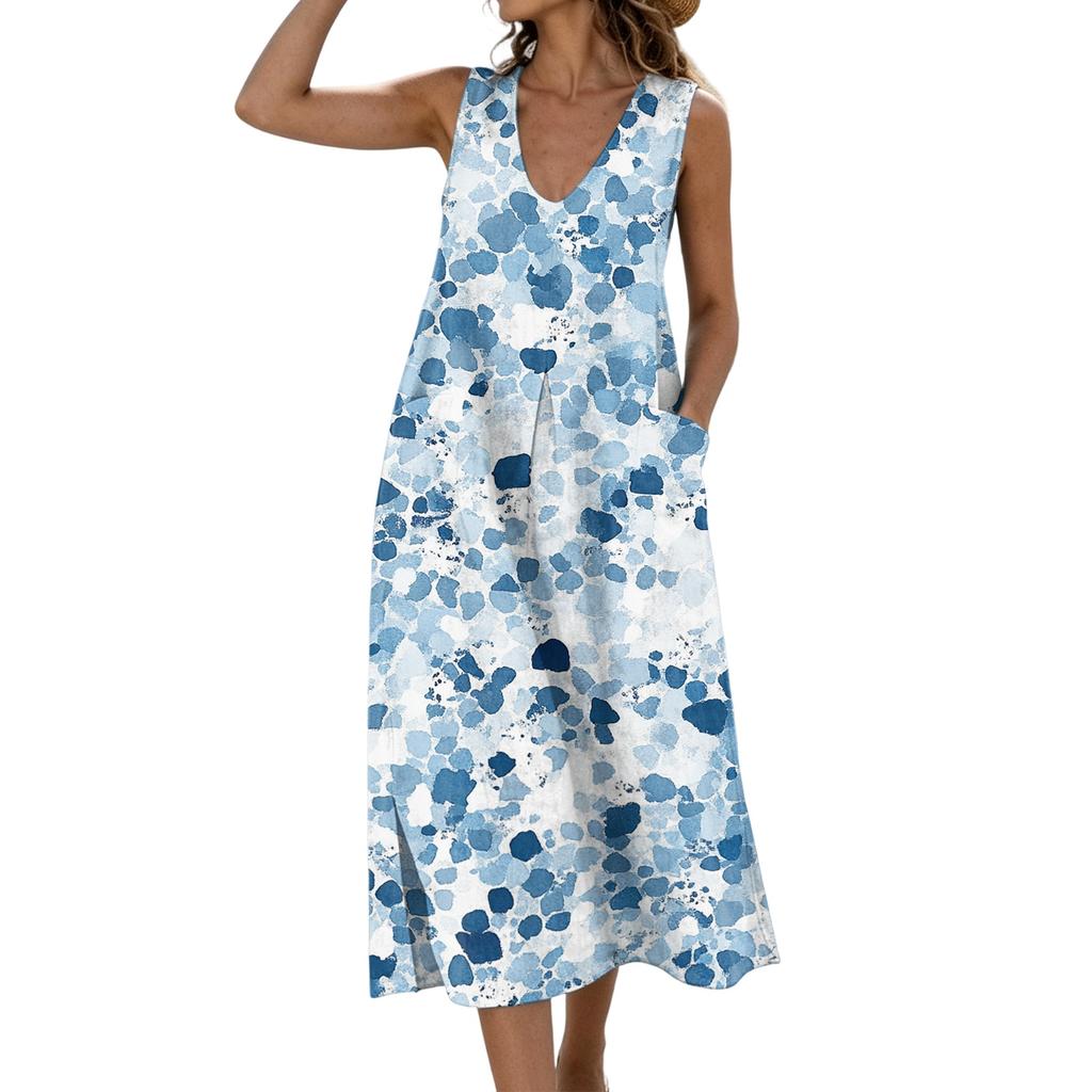 Women’s Sleeveless V Neck Midi Dress with Pockets Floral Print Cotton Linen Split Hem Casual Tank Style