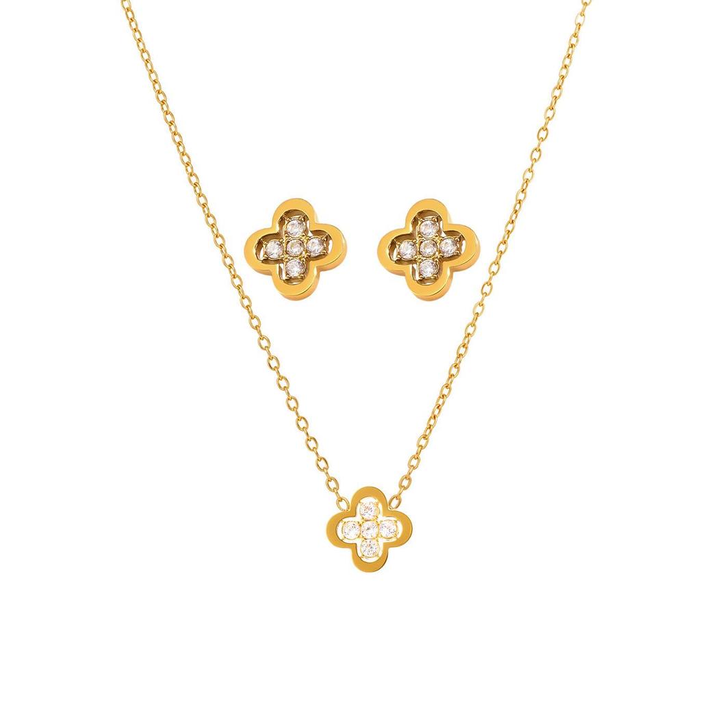 Qiong Yao 18K Gold Plated Four-Leaf Clover Zirconia Stud Earrings & Necklace Set
