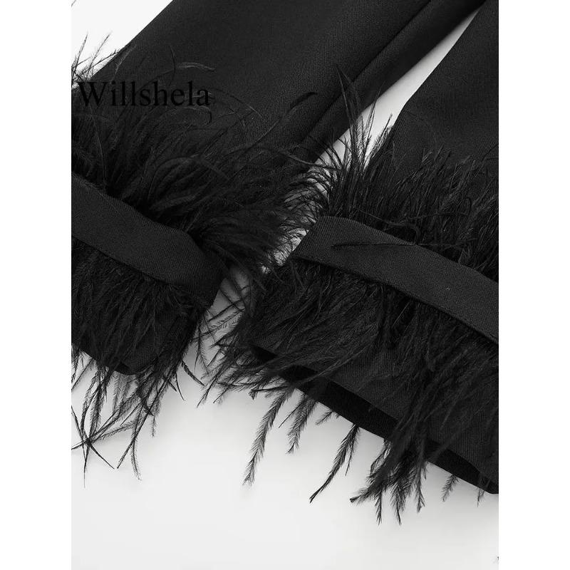 Dámská móda Saténové černé s peřím Sako s klopami Vintage Jednořadé Dlouhý rukáv Dámské outfity