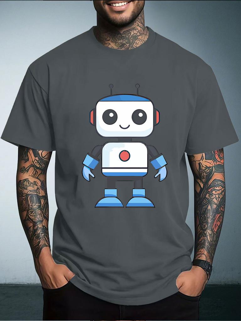 Unisex Summer Casual Short Sleeve T Shirt Cute Blue White Cartoon Robot Graphic Oversized Loose Tees Street Daily Fashion Tops