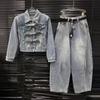 Niche Women's Spring Bowknot Distressed Denim Suit: Heavy Duty Short Jacket + Wide Leg Pants
