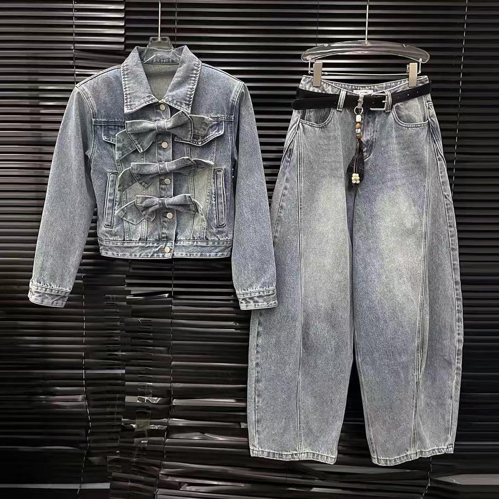 Niche Women's Spring Bowknot Distressed Denim Suit: Heavy Duty Short Jacket + Wide Leg Pants