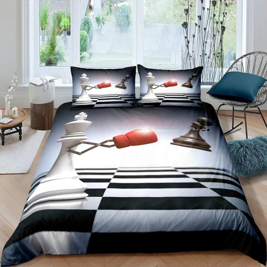 Chess Duvet Cover Set Chess Sports Games Bedding Sets Buffalo Plaid Check Comforter Cover Flowers Checkerboard Quilt Cover Queen