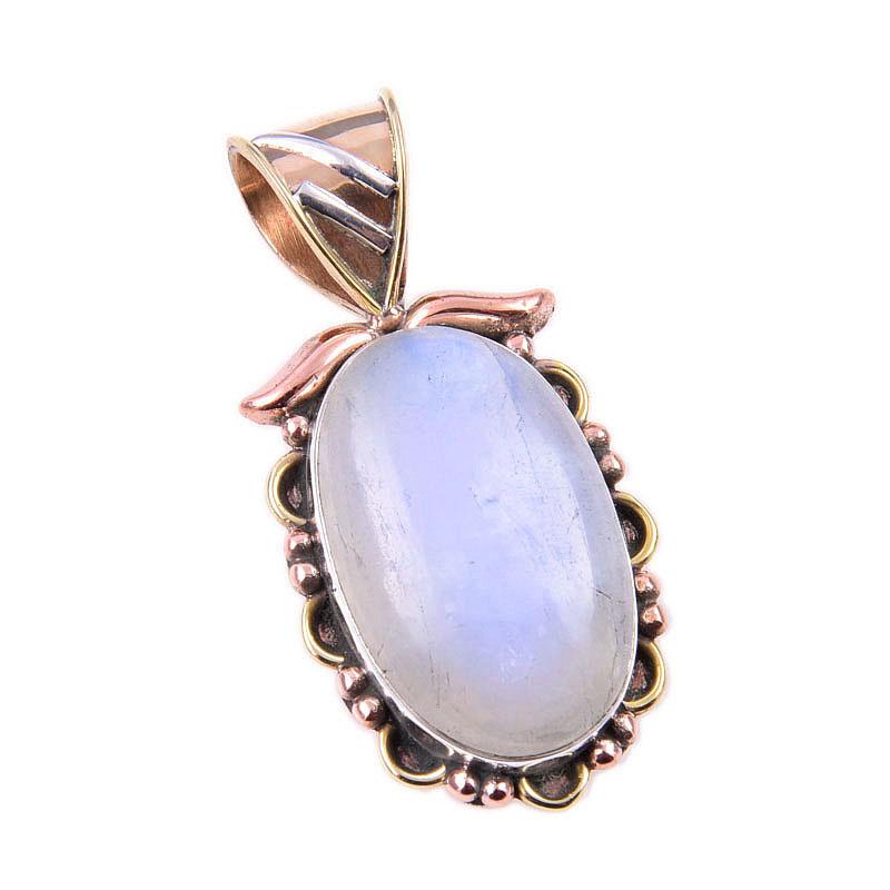 Natural Rainbow Moonstone Gemstone 925 Solid Silver Two Tone Pendant 1.50" S6c99