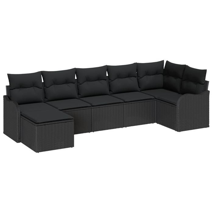 Ensemble de canapé jardin 7 pièces avec coussins en rotin poly noir vidaXL, Canapé jardin 2 places avec coussins en rotin 3345793