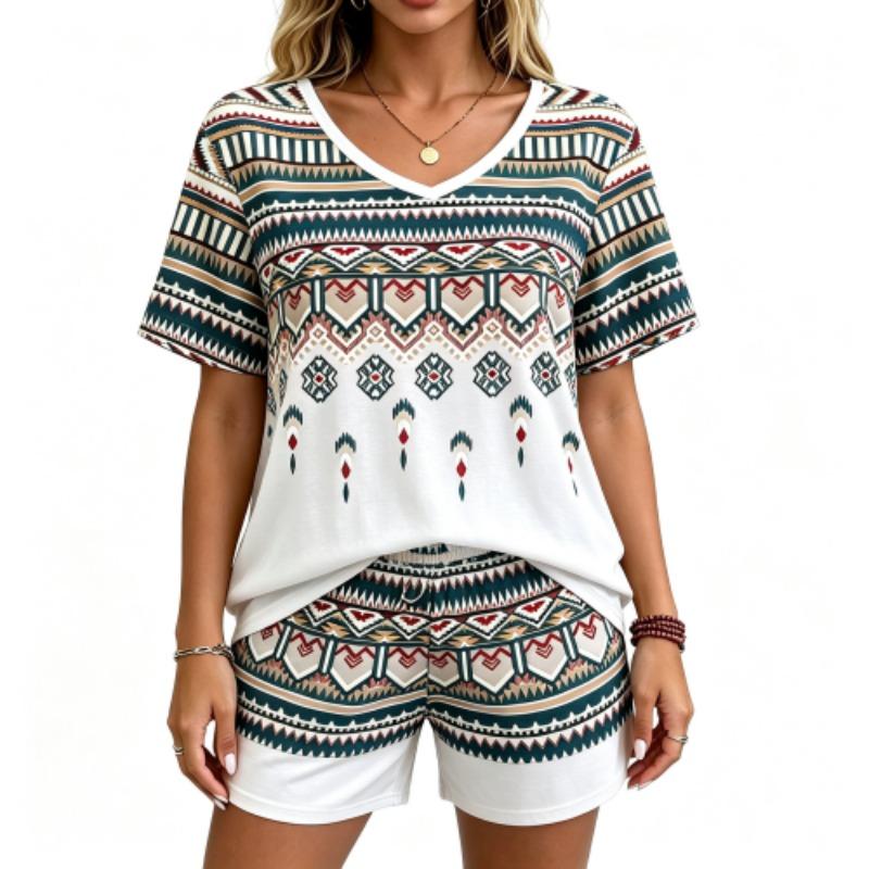 European Streets Summer Fashion Bohemian Ethnic Style Printed V-Neck Short Sleeved T-Shirt And Shorts Set Women's and Men's T-shirt Shorts Set