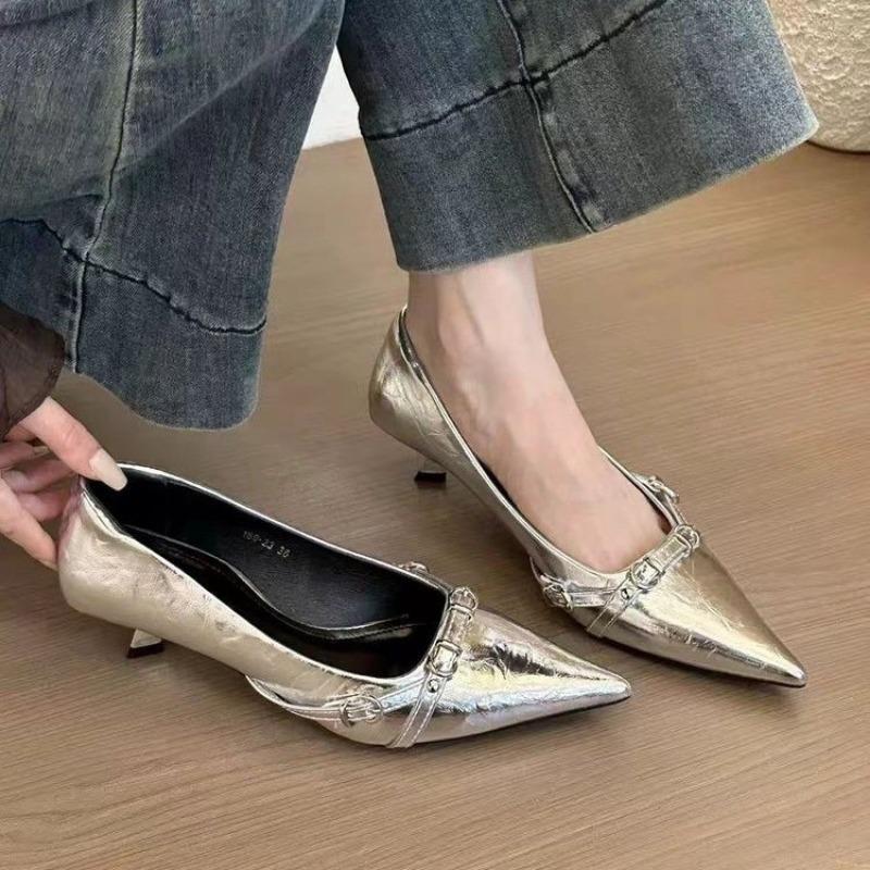 

Fashion Women s Thin Heel Shoes Spring New Pointed Head Shallow Mouth Metal Buckle Anti-slip Wear-resistant Low-top Shoes 34 серебряный