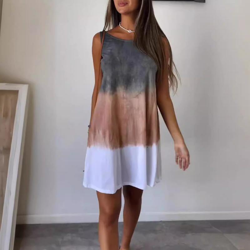 2024 Summer Round Neck Dress for Women  Tie Dye Sleeveless Dresses Fashion Loose Simple Vacation Ladies Casual Wear Robe Femme