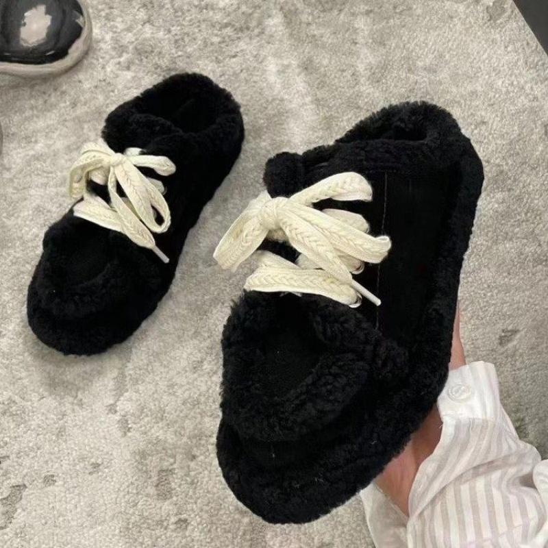 Winter Women Loafers Plush Lace Up Flat Shoes Bow Woman Flats Warm Loafer Wool Casual Shoes Fur Boat Shoes Flats Zapatos Mujer