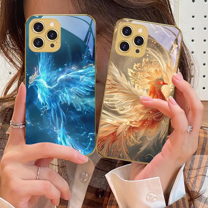 Złoty Feniks Rozwijający się Dla IPhone 16 Pro Max 15 P Ro 14 13 Plus 12 Mini 11Pro Max XS Max XR Złote Hartowane Szkło Etui na Telefon