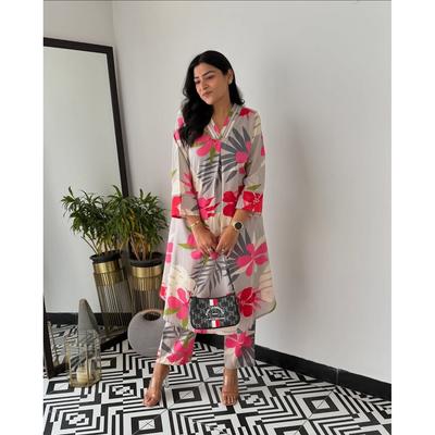 Indian Women Cotton Printed A-line Kurta Pant Cord Set Designer Party Wear Dress SC-2155