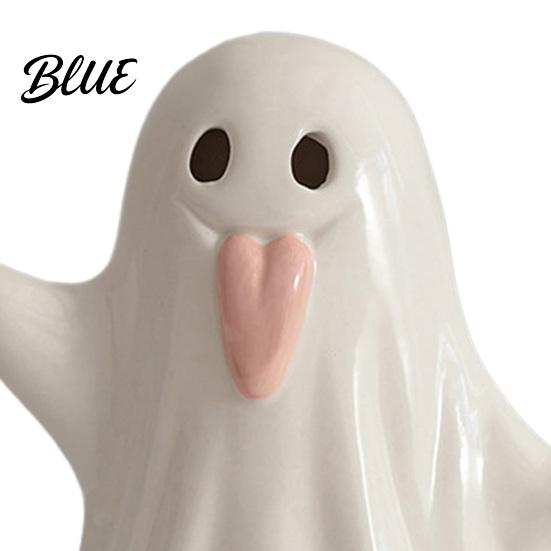 Gift for Halloween Party Light Up Ceramic Ghost Figurines Decor Cute White Statue Decorative Sculpture with Pink Tongue LED Night Home Table Office