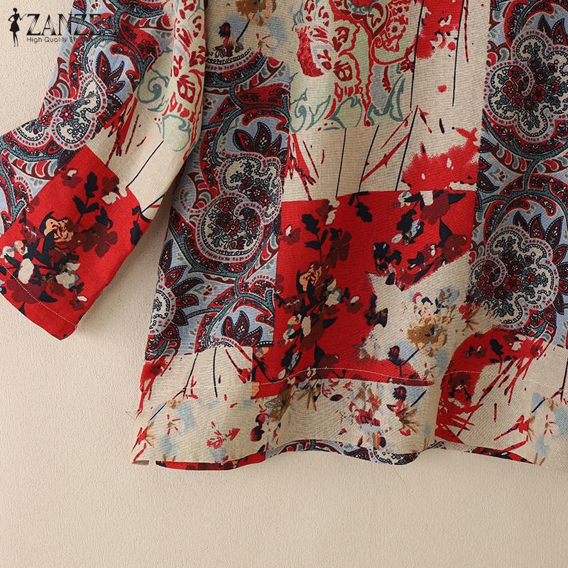 ZANZEA Blusa Casual de Mujer con Cuello en V Suelta Manga 3/4 Estampada