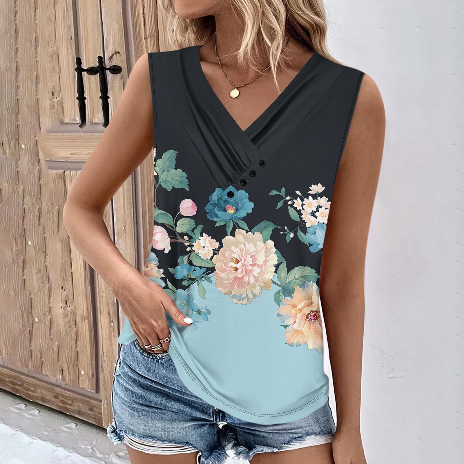 

Летние женские топы на бретелях с v-образным вырезом, повседневные рубашки без рукавов с принтом, повседневные свободные плиссированные футболки, футболки, женская блузка XL светло-синий