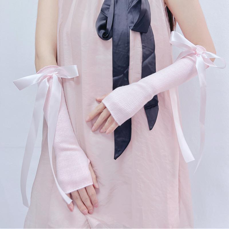 

Элегантные декоративные перчатки без пальцев с лентами, милые нарукавники с бантиками, вязаные нарукавники для подростков и девочек, аксессуары для платья