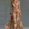 Elegant Long Sleeve Digital Print A-Line Dress With Collar Tie Detail