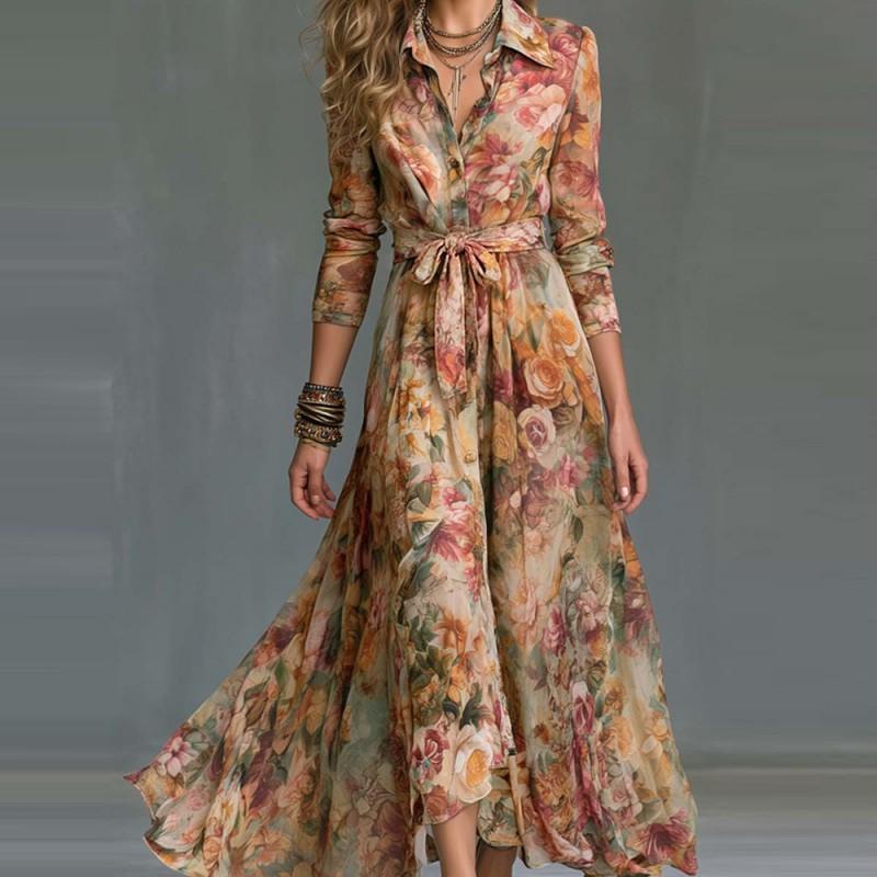 Elegant Long Sleeve Digital Print A-Line Dress With Collar Tie Detail