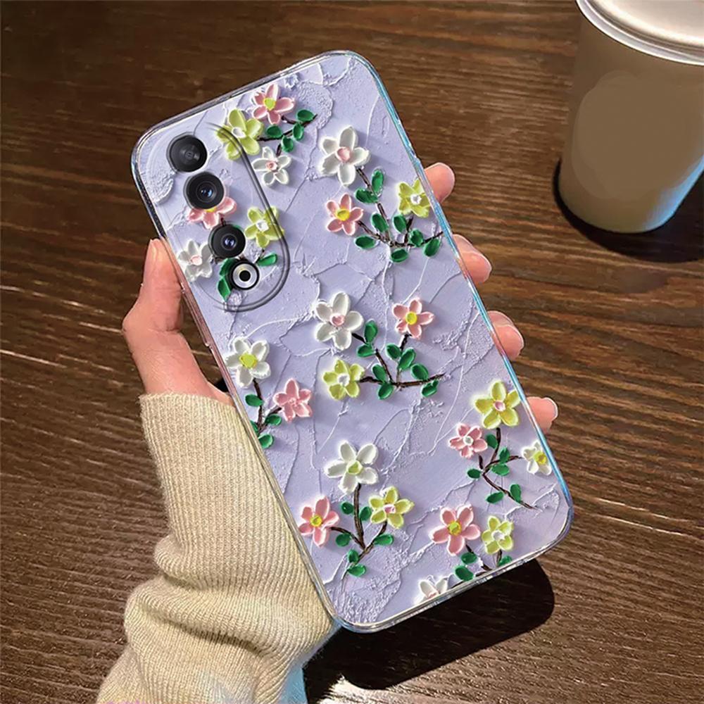 Rose Flower Oil Painting Phone Case For Honor 200 90 Lite X7 70 X8 Transparent Clear Shockproof Cover Romantic Lace Pattern Tpu