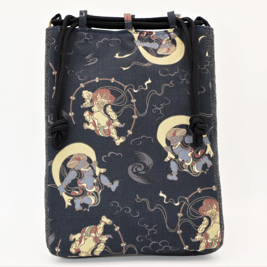 Maruzen Drawstring Bag with Shingen Bag Fujin Raijin God and Thunder Made in 28 x 20 x 4 cm Gusset, Style, (Wind God) Design, Japan, Black, Approx.