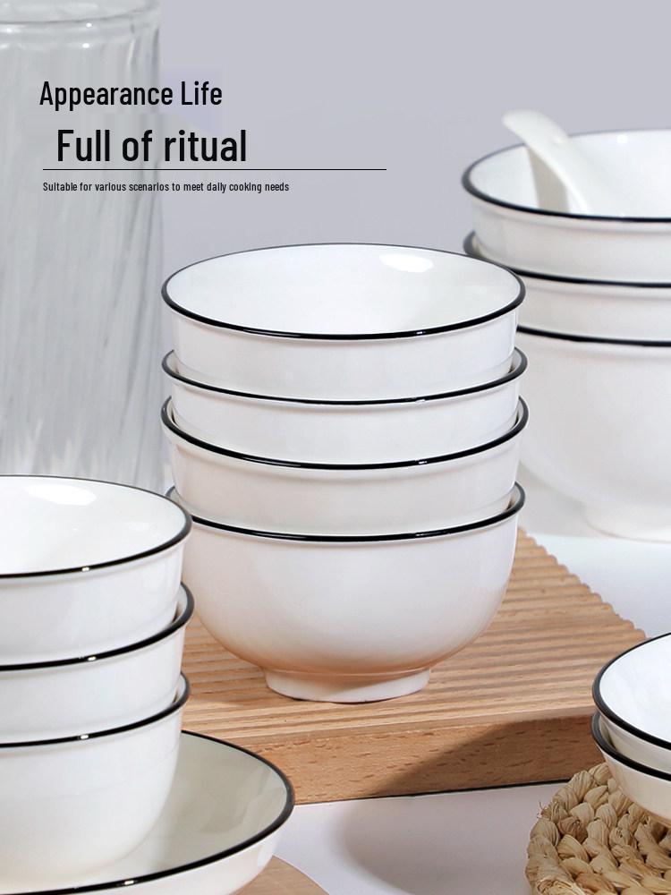 Ensemble de vaisselle minimaliste nordique sous glaçure: Assiettes à Bordure Noire, Bols à Riz, Grands Bols à Soupe