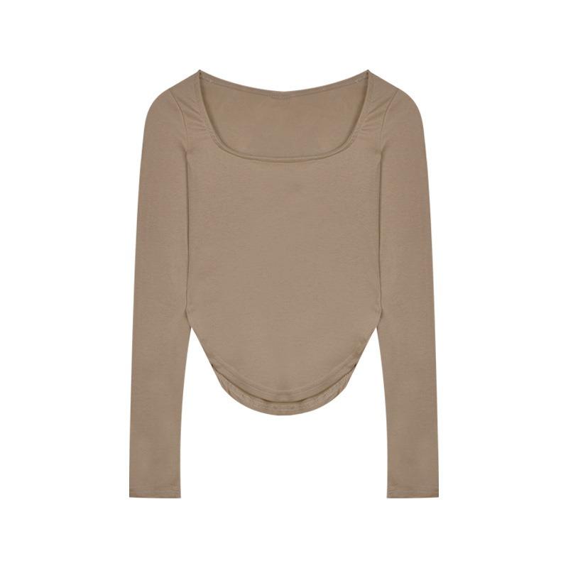 Autumn New U Collar Solid Color Sexy Low Collar Irregular Slim Long Sleeve T-shirt Women with A Base Shirt Top