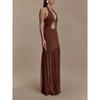 New European and American Women's Temperament Slim-fitting Leaking Back Splicing Mesh Pleated Sexy Solid Color Neck Dress