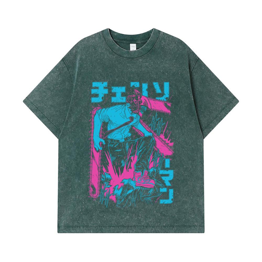 275 GSM Washed T-shirts 100% Cotton Chainsaw Man V9 Denji Print Unisex Heavy Cotton T Shirt