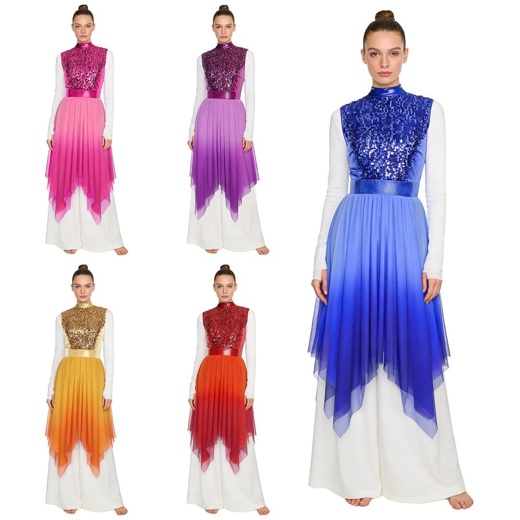 Womens Worship Praise Dance Dress Glittery Sequined Sleeveless Bodice Gradient Mesh Irregular Hem Lyrical Liturgical Dance Costume