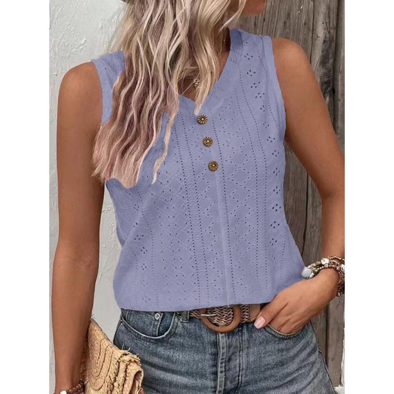 

Летняя футболка Женская мода Однотонная Повседневная V-образный вырез Без рукавов На пуговицах Жилет Футболка 3XL фиолетовый