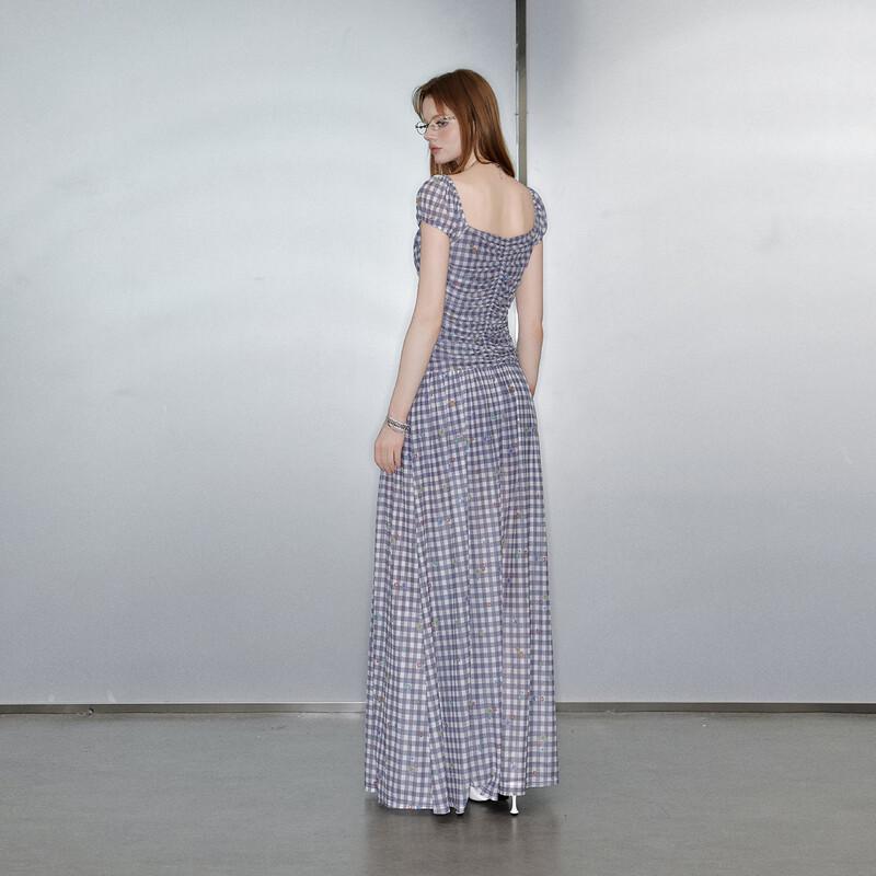 UNIFREE French Retro Floral Plaid Square Neck Long Dress