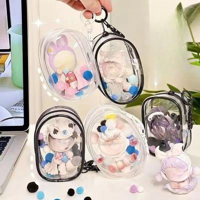 Portable Mini Transparent Charging Cable Storage Bag with Zipper for Storage Gift Bags Doll Display Storage Bag with Keychain