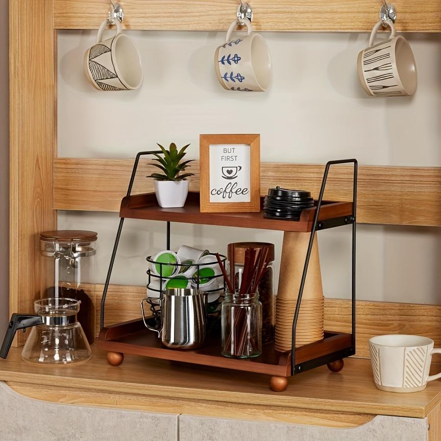 2-Tier Farmhouse Coffee Bar Organizer, Wood & Metal Countertop Shelf for Kitchen & Bathroom, Rustic Display Tray for Mugs