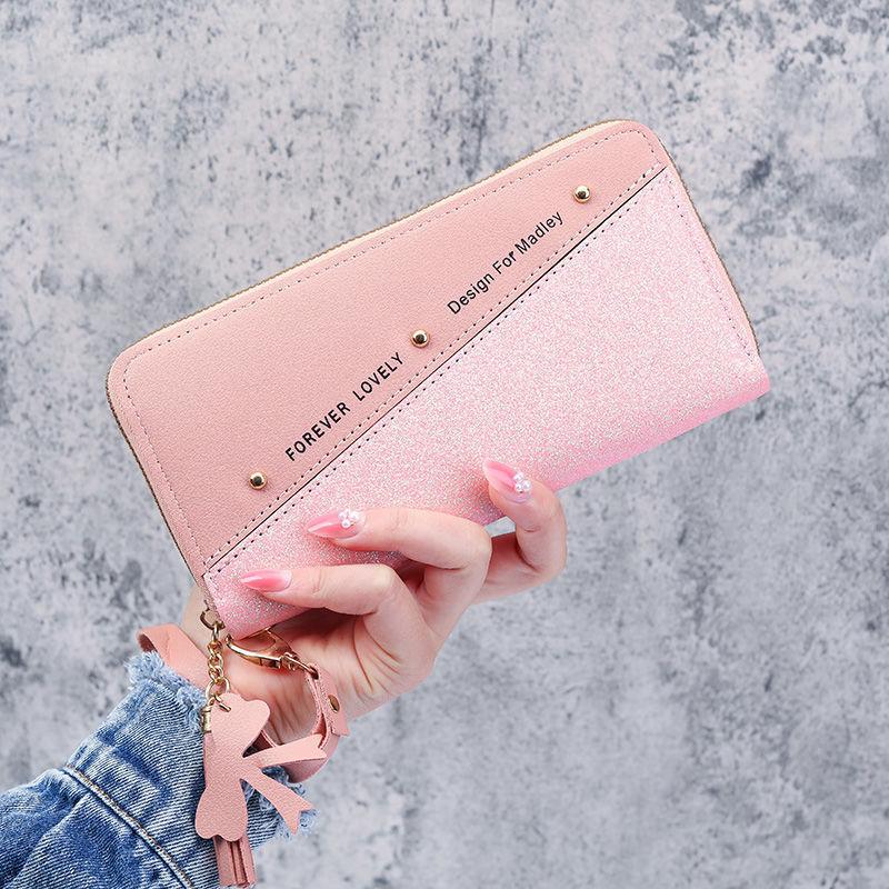 Glitter Shining Wallet  Long Women's Zipper Wallet - Korean Splicing, Color Contrast, Tassel, and Rivet Details