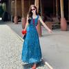 Holiday wind blue floral suspender dress women's summer French waist long dress design sense gentle a word skirt