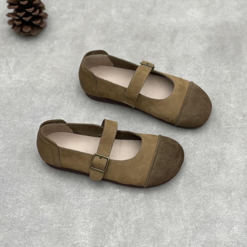 

Johnature Туфли из натуральной кожи с круглым носком и мягкой подошвой. Повседневные универсальные женские туфли на плоской подошве. 40 хаки