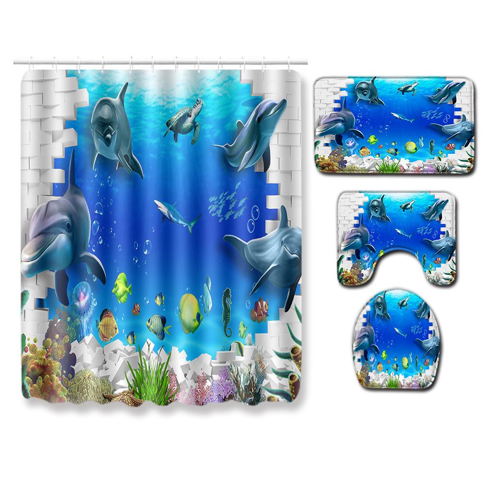 Fashion Sea World Dolphin Shower Curtain Set Bathroom Non-Slip Bath Mat Toilet Lid Cover Polyester Waterproof