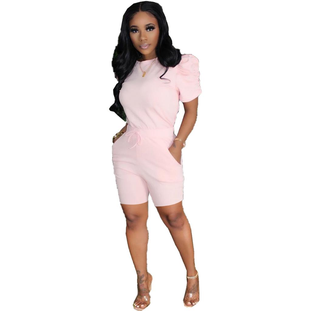 Zweiteilige Sets Damen-Outfits 2023 Sommermode Puffärmel-Rundhalsausschnitt-Top und lässiges Kordelzug-Taschen-Design-Tagesshorts-Set