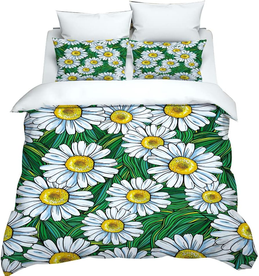 Girls Cartoon Flowers and Leaves Duvet Cover set, Cute Comforter Cover Girly Tropical Plant Summer Bedding Set For Kids Children