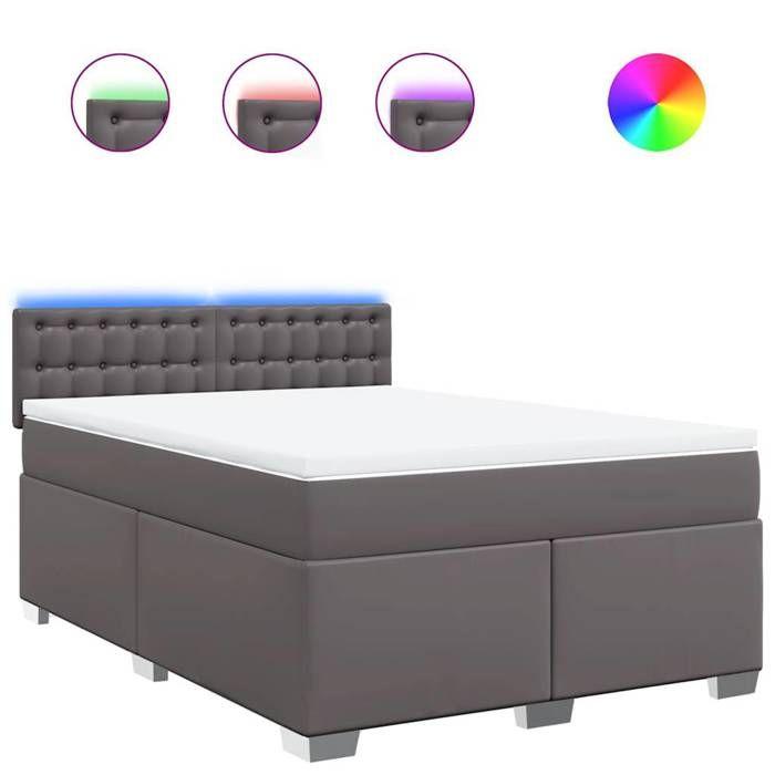 Cadre de lit avec matelas - 140x190 cm - Similicuir gris - Lumières LED personnalisables - 2 places