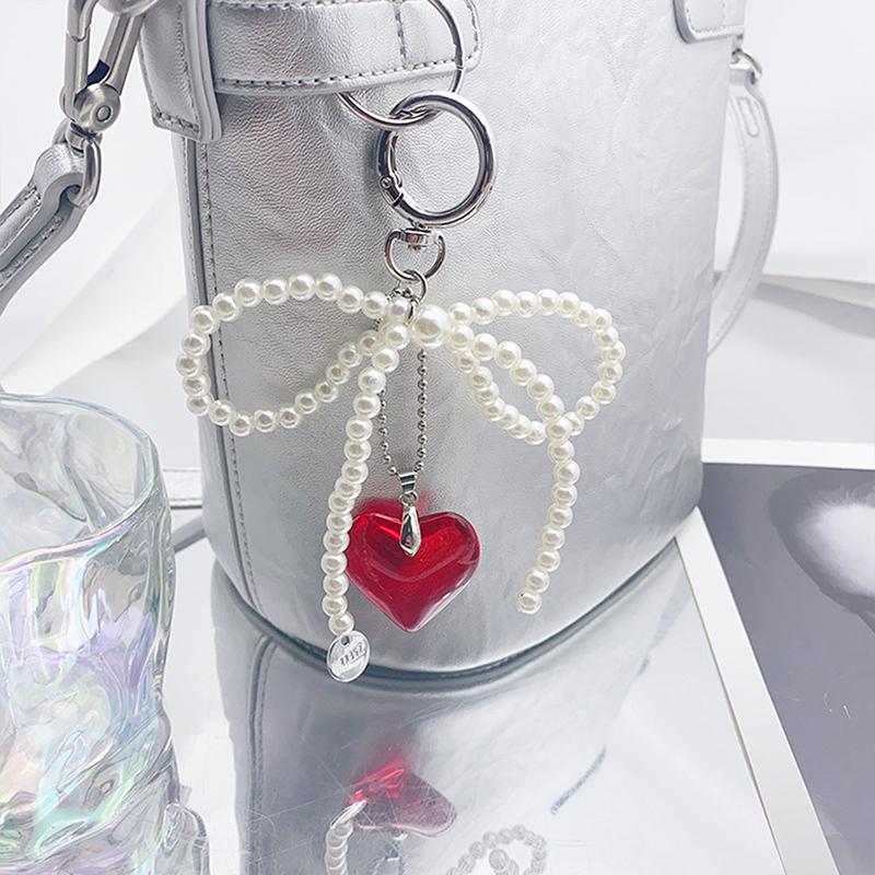 

Белый бант сердце брелок для женщин сладкий очаровательный жемчуг лук рюкзак брелок для ключей ювелирные изделия ручной работы орнамент сумки подвески подарки красный