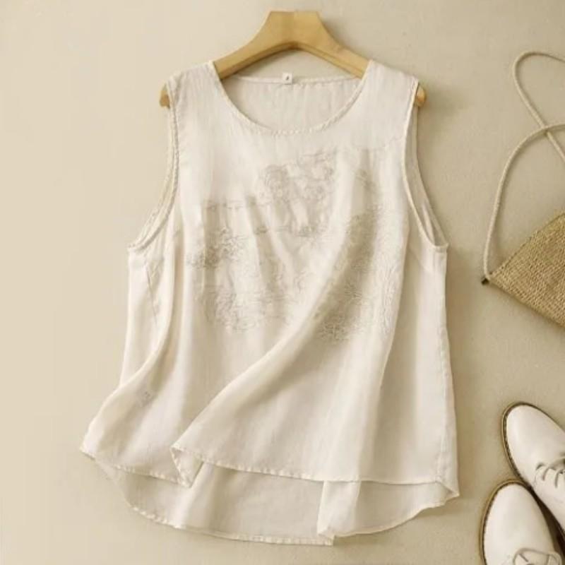 Women s Summer Chinese Vintage Cotton-Linen Embroidered Tank Top Solid Color Comfortable Loose-Fit Round Neck Sleeveless Top 2XL