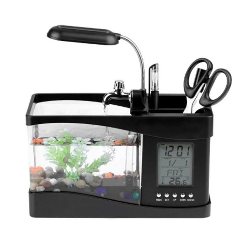 Office Decoration Fish Tank Clock Night Light Usb Mini Goldfish Bowl Table Lamp Small Multifunctional Ecological Aquarium