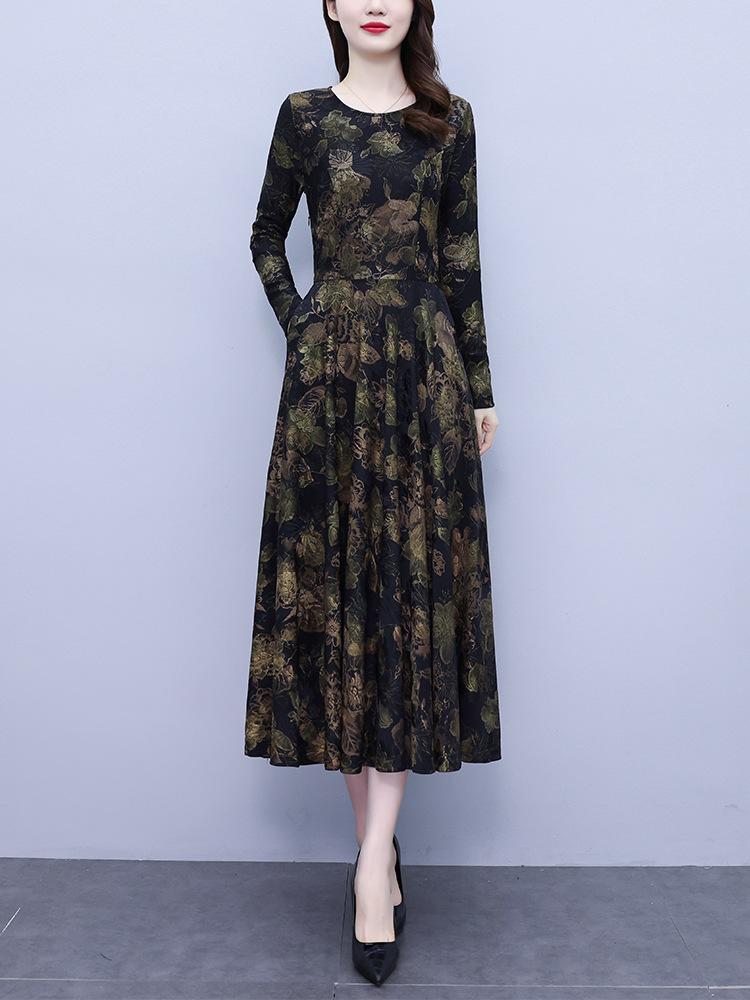 

Zhigong tweed g has pockets, mother floral flowers, autumn and winter long sleeves, slim and thin bottoms, lady long dress M