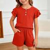 Girls Buttoned Plain Ruffle Sleeve Top and Shorts Two Piece Set