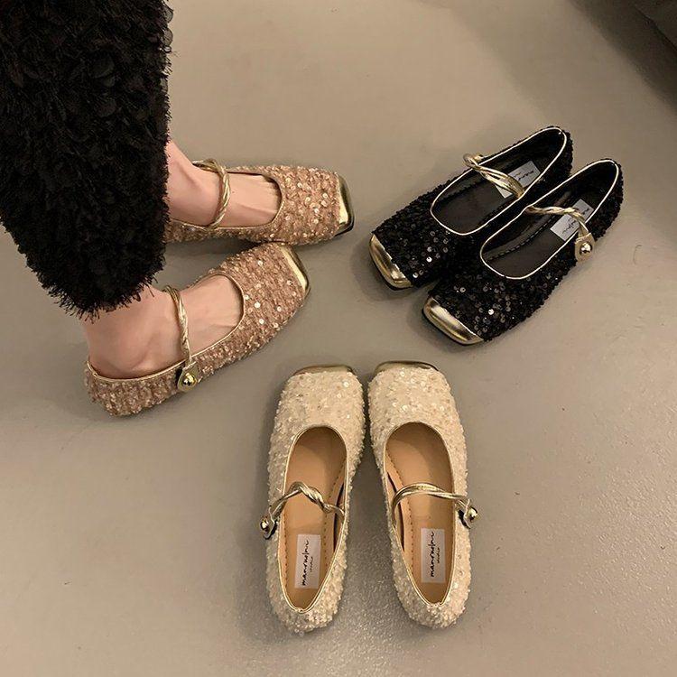 Xiaoxiangfeng shallow mouth single shoes female spring and autumn new lace sequins French fairy gentle evening soft flat bottom Mary Jane
