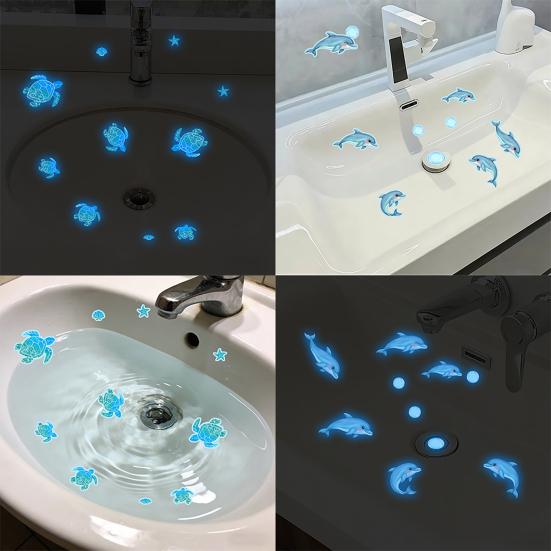 Glow in The Dark Ocean Sink Sticker Self-Adhesive Waterproof Bathroom Decals Cute Turtles Dolphins Sea Animal PVC Sticker for Sinks Bathtubs